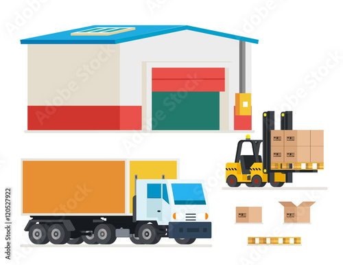 Cargo transportation. Loading and unloading trucks vector illustration