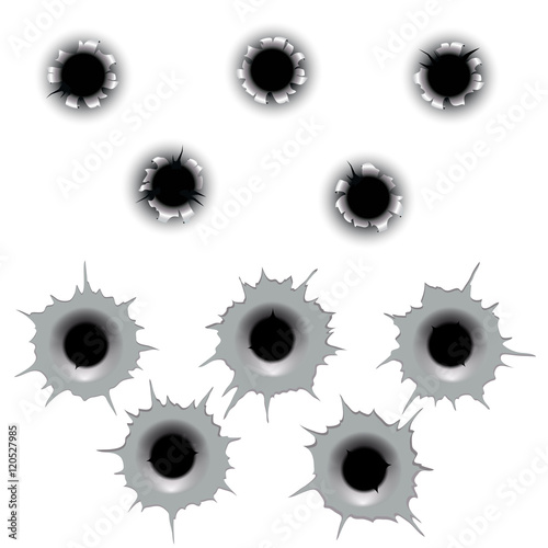 Metal bullet hole set vector. Input holes and output