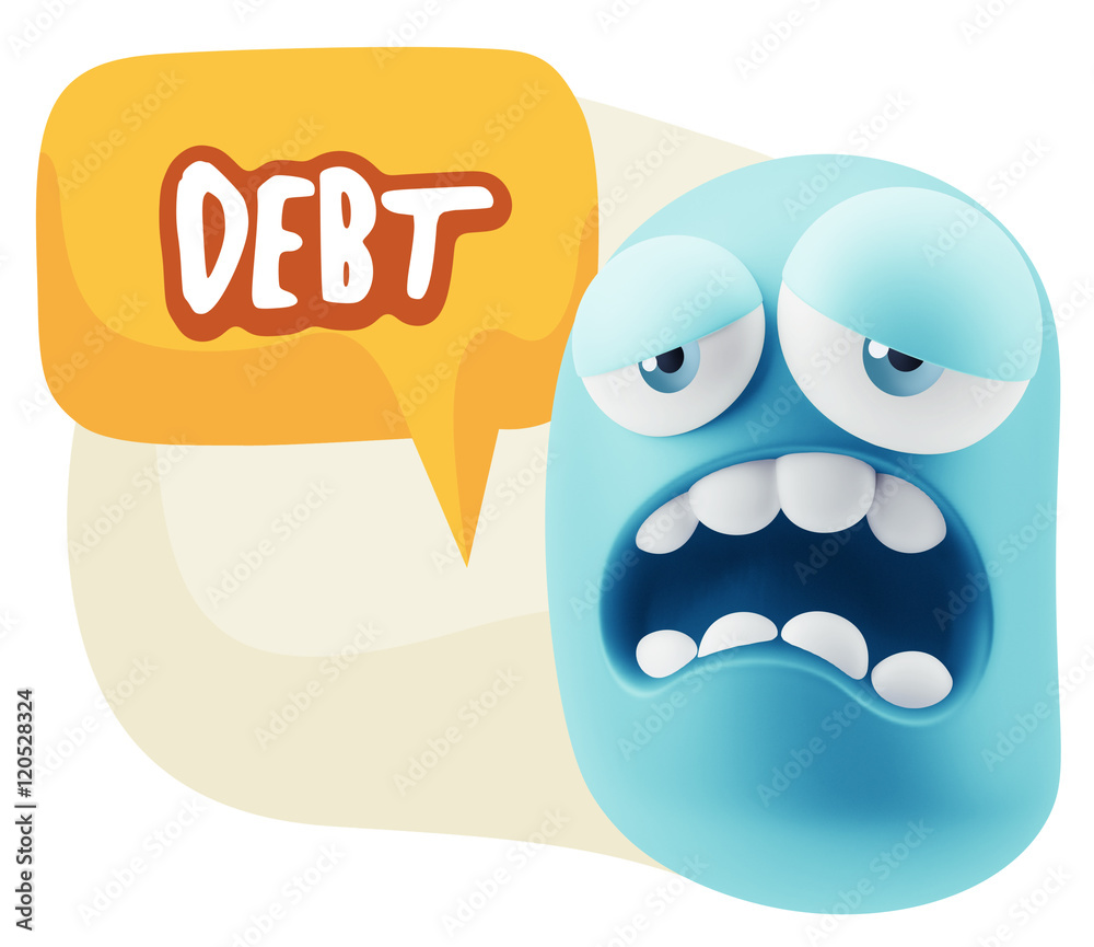 3d Rendering Sad Character Emoticon Expression saying Debt with 3d Rendering Sad Character Emoticon Expression saying Debt with