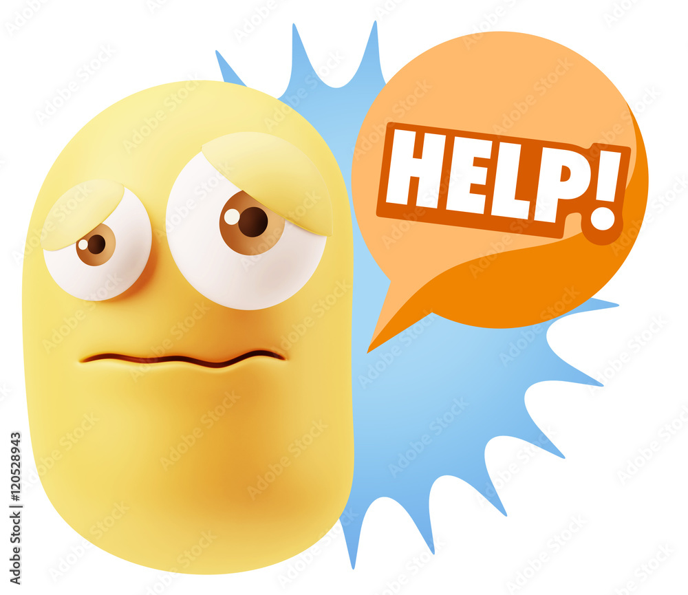 3d Rendering Sad Character Emoticon Expression saying Help! with 3d Rendering Sad Character Emoticon Expression saying Help! with