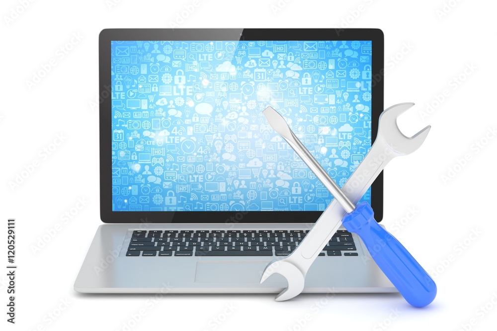 3D Illustration Wrench and screwdriver on laptop, service concept