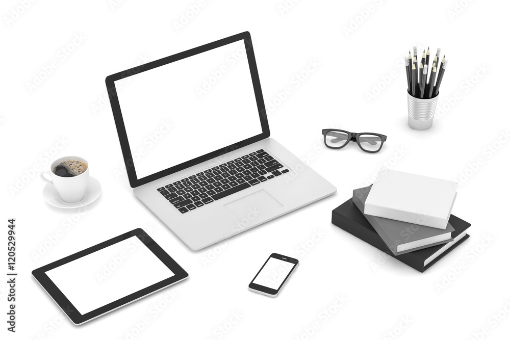 Responsive mockup screens. Laptop, tablet, phone on table. 3d rendering. Responsive mockup screens. Laptop, tablet, phone on table. 3d rendering.