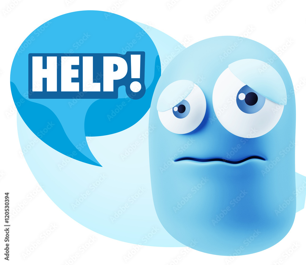 3d Rendering Sad Character Emoticon Expression saying Help! with 3d Rendering Sad Character Emoticon Expression saying Help! with