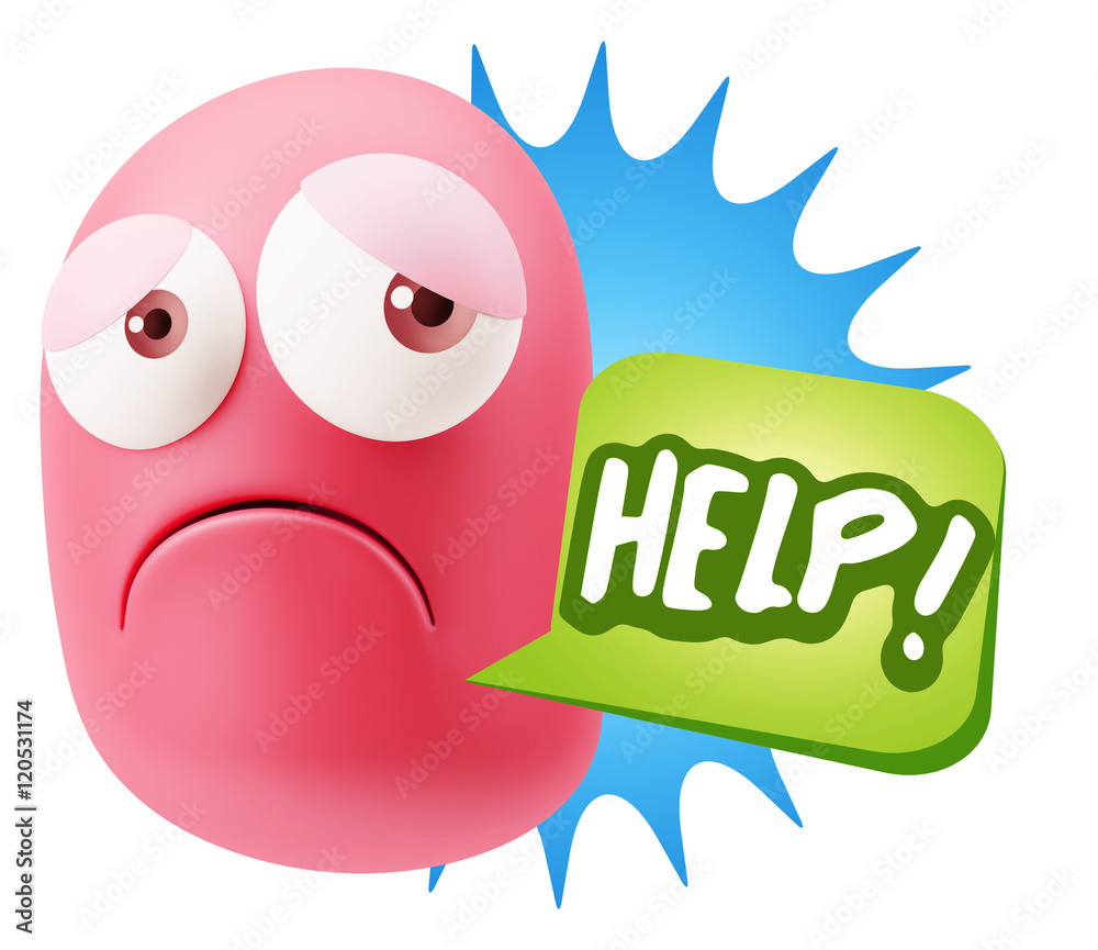 3d Rendering Sad Character Emoticon Expression saying Help! with 3d Rendering Sad Character Emoticon Expression saying Help! with