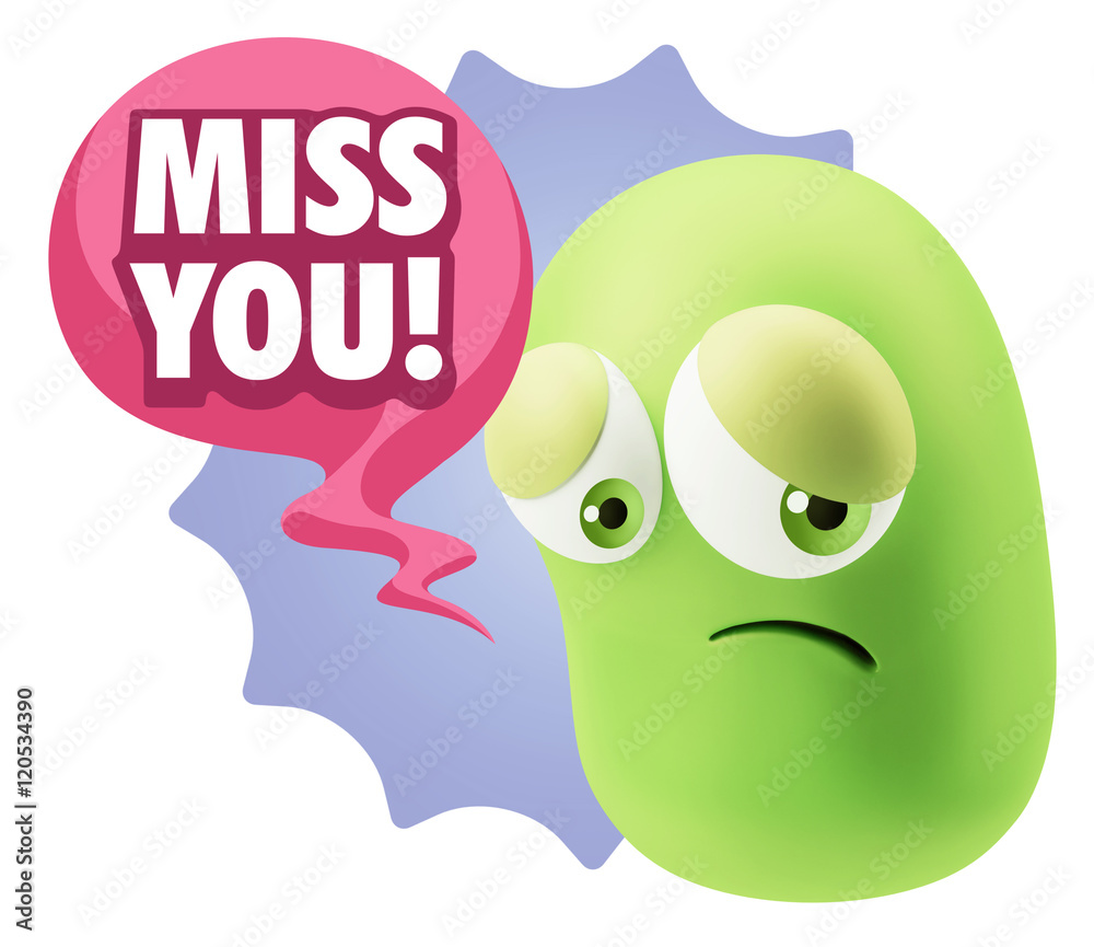 3d Rendering Sad Character Emoticon Expression saying Miss You w