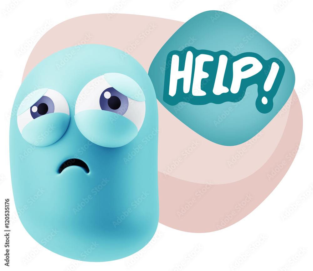3d Rendering Sad Character Emoticon Expression saying Help! with