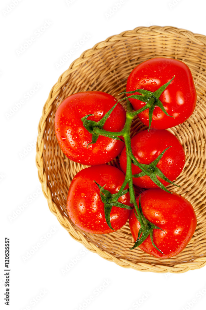 Red Tomatoes on the Vine on white background. Selective focus. Red Tomatoes on the Vine on white background. Selective focus.