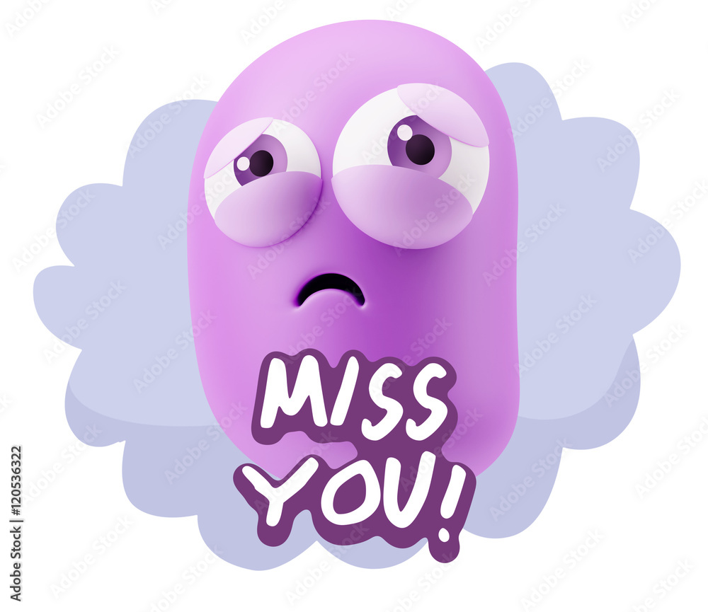 3d Rendering Sad Character Emoticon Expression saying Miss You w