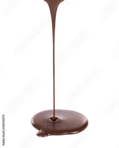 Hot melted chocolate pouring on white background