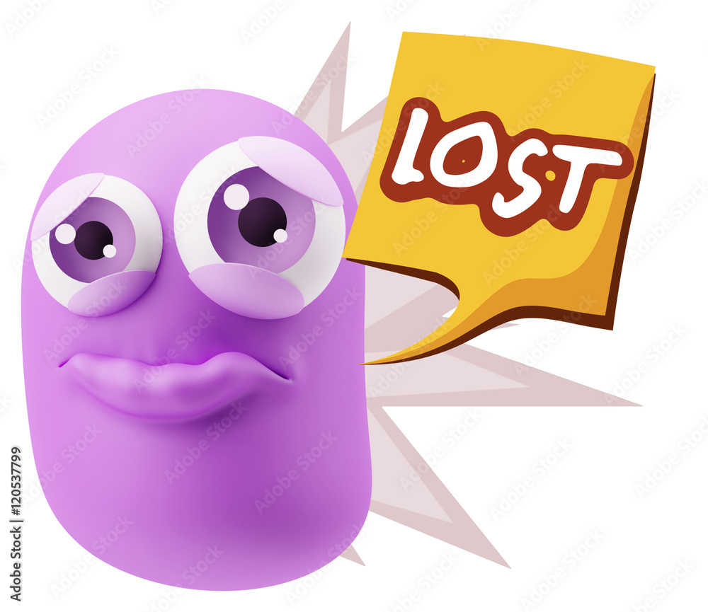 3d Rendering Sad Character Emoticon Expression saying Lost with