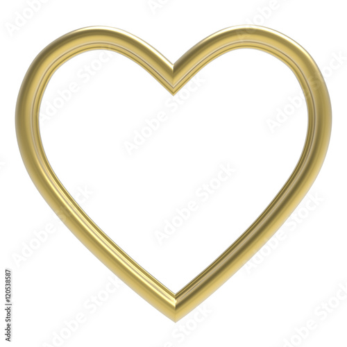 Golden heart picture frame isolated on white. 3D illustration.