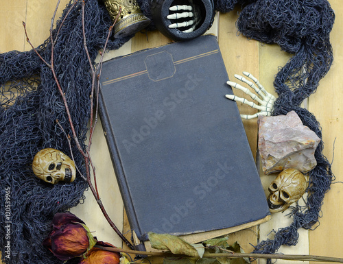 Halloween image of overhead perspective of an old book surrounded by artifacts like skulls, dead flowers, minerals, twigs and skeleton hands. Copy space on book cover. All on a wooden table.