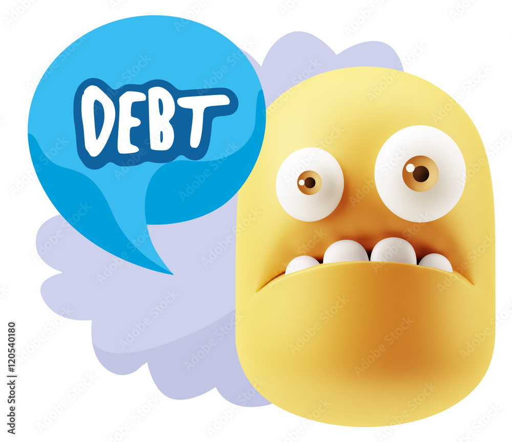 3d Rendering Sad Character Emoticon Expression saying Debt with 3d Rendering Sad Character Emoticon Expression saying Debt with