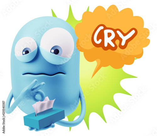 3d Rendering Sad Character Emoticon Expression saying Cry with C