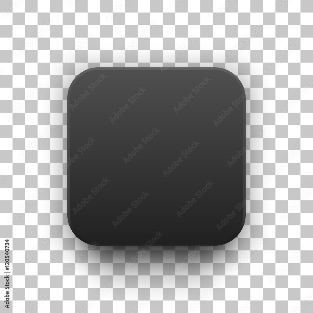 Black abstract app icon, blank button template with realistic shadow and transparent background for design concepts, web sites, user interfaces, UI, applications, apps, mock-ups. Vector illustration.