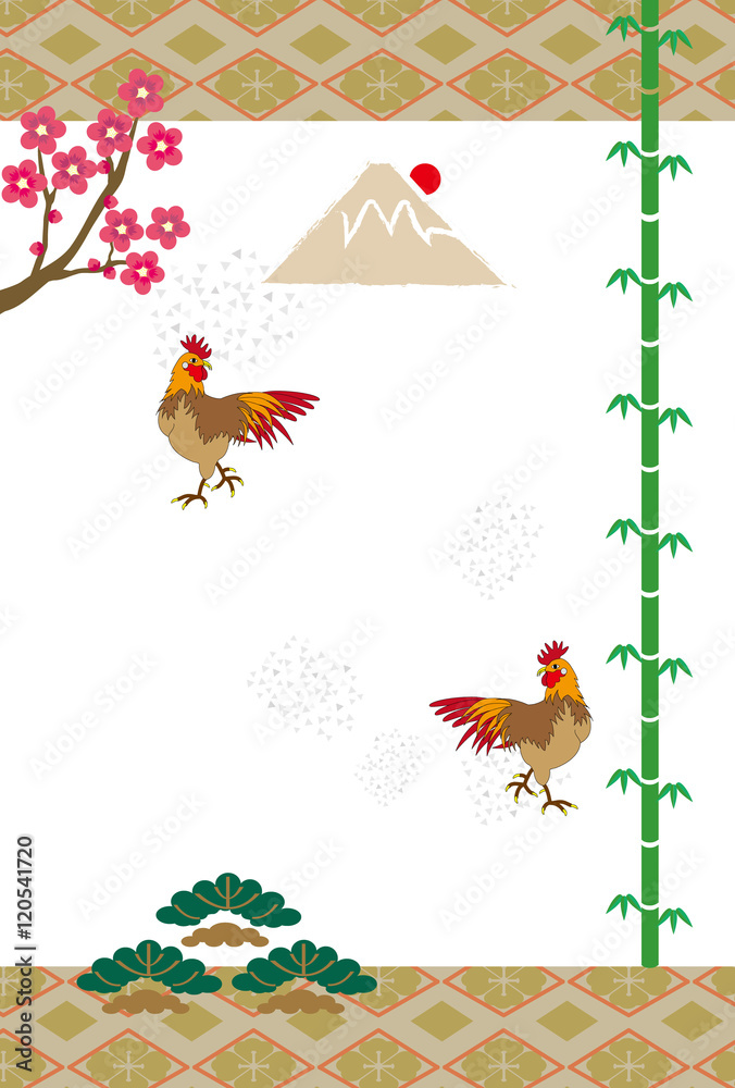 ニワトリと松竹梅と富士山の和風イラストeps素材年賀状テンプレート酉年 Stock Vector Adobe Stock