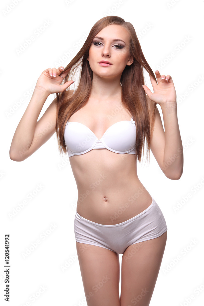 Fototapeta premium Sexy woman in white lingerie gorgeous figure.
