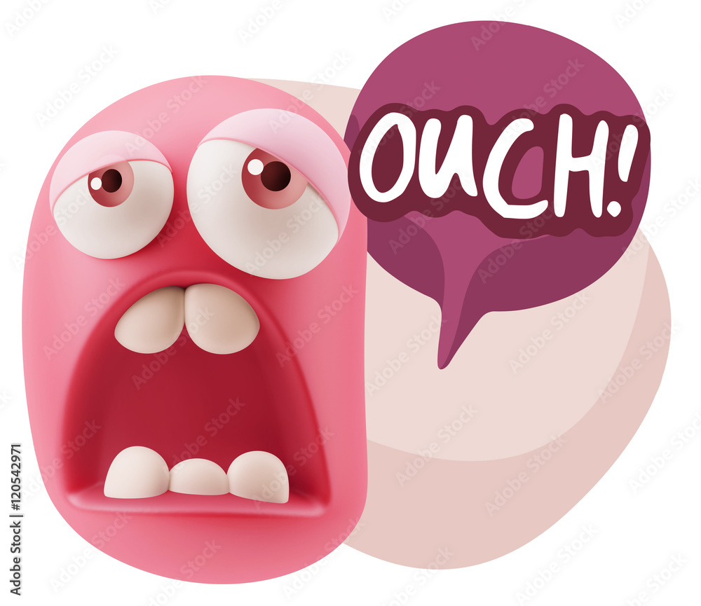 3d Rendering Sad Character Emoticon Expression saying Ouch! with 3d Rendering Sad Character Emoticon Expression saying Ouch! with