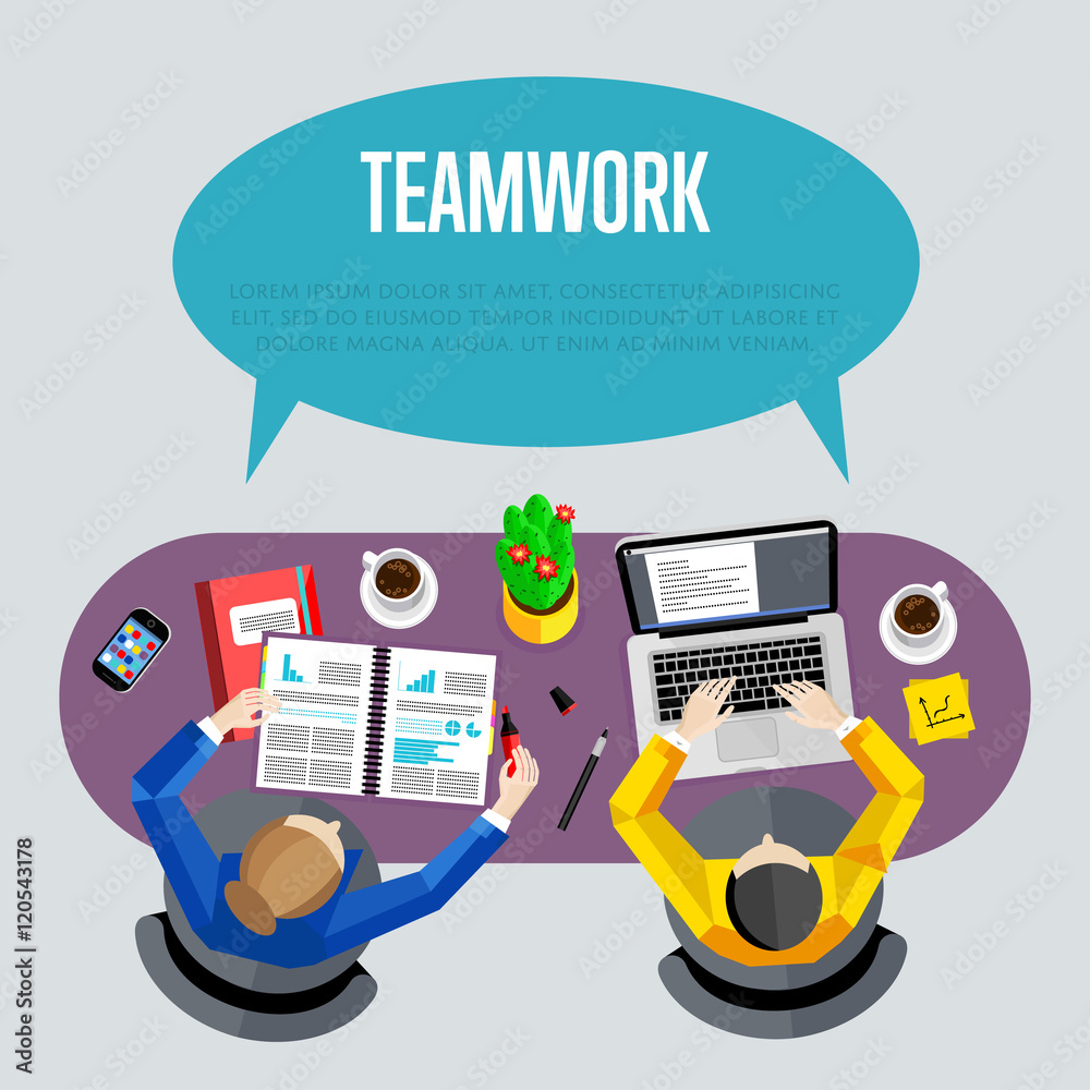 Teamwork concept with space for text. Top view workspace background ...