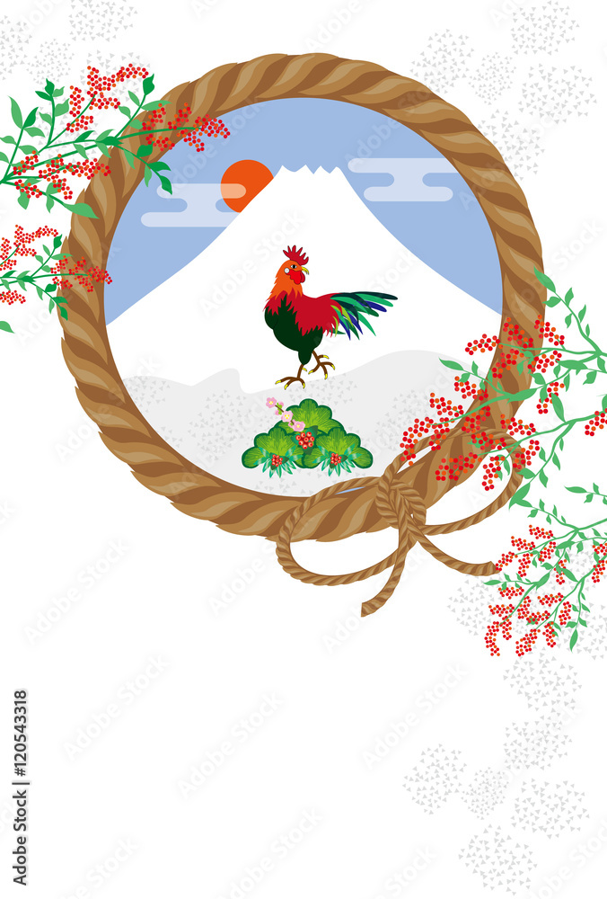 ニワトリと富士山とナンテンの和風イラストeps素材年賀状テンプレート酉年 Stock Vector Adobe Stock