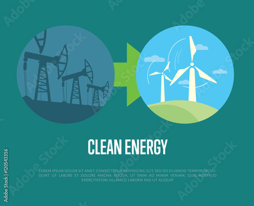 Vector illustration of evolution from industrial pollution to clean energy. Wind turbines in green field. Oil industry equipment. Greening of the world banner. Development green technology