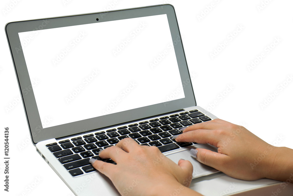 Hands typing on laptop computer isolated Hands typing on laptop computer isolated