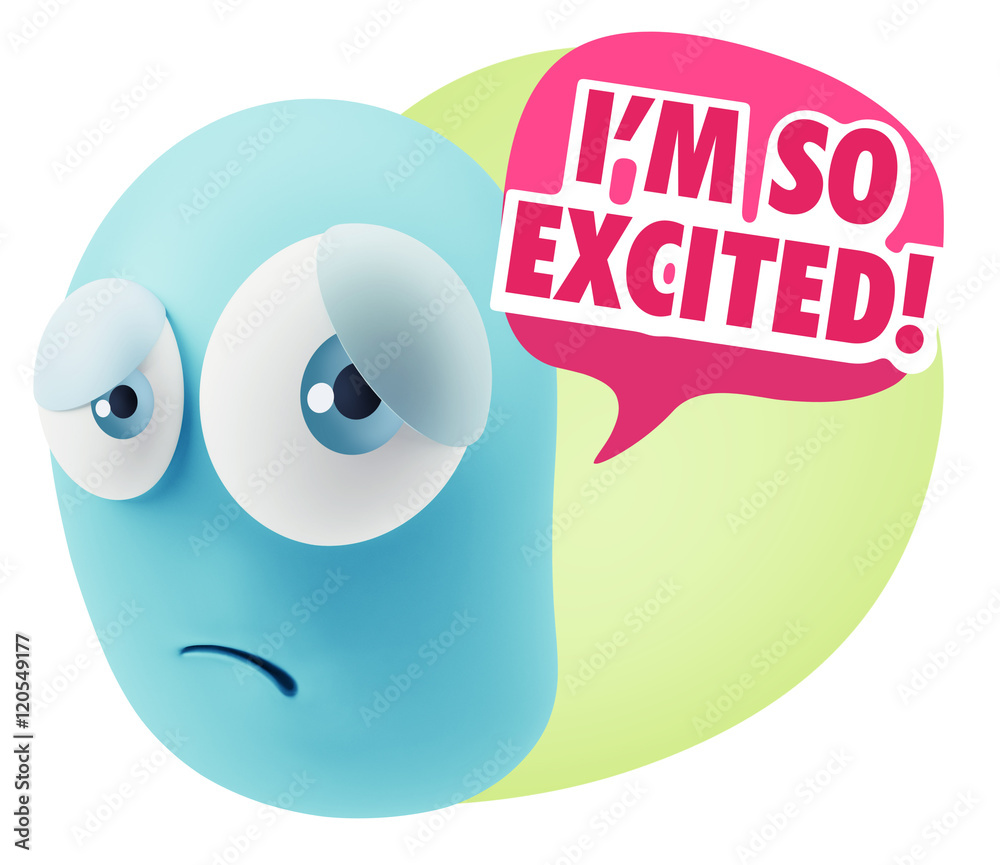 3d Rendering Sad Character Emoticon Expression saying I'm so Exc