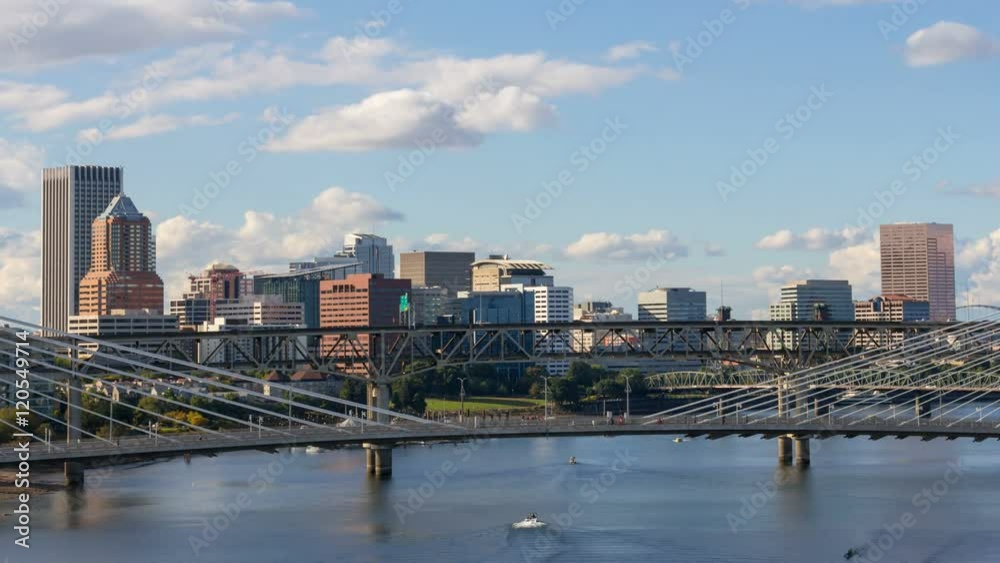 Ultra high definition 4k time lapse of moving clouds and freeway auto traffic over downtown city of Portland Oregon and Tilikum Crossing along Willamette River 4096x2304