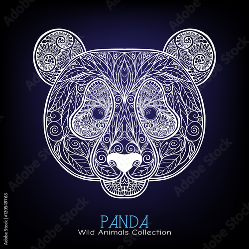 Fototapeta Naklejka Na Ścianę i Meble -  Decorative patterned head of panda. White on black dackground