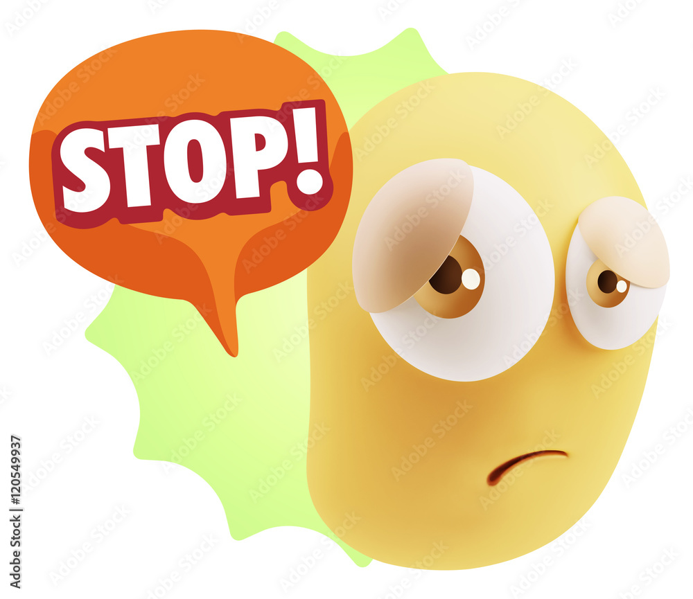 3d Rendering Sad Character Emoticon Expression saying Stop! with