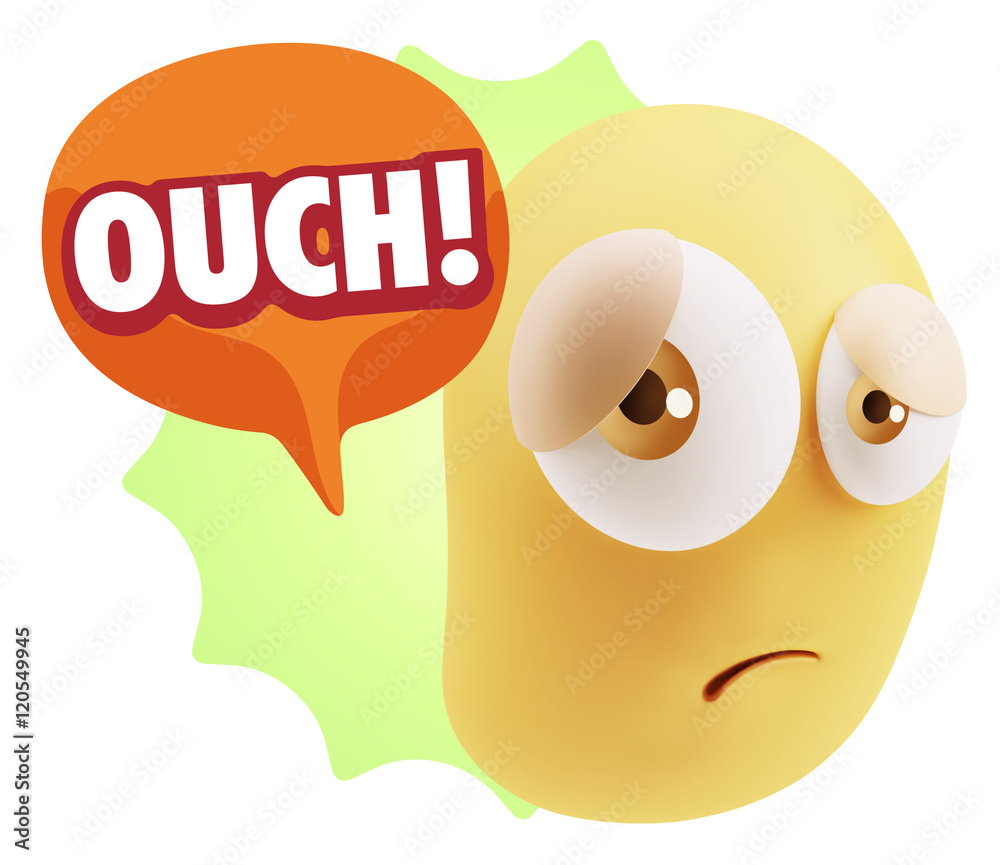 3d Rendering Sad Character Emoticon Expression saying Ouch! with