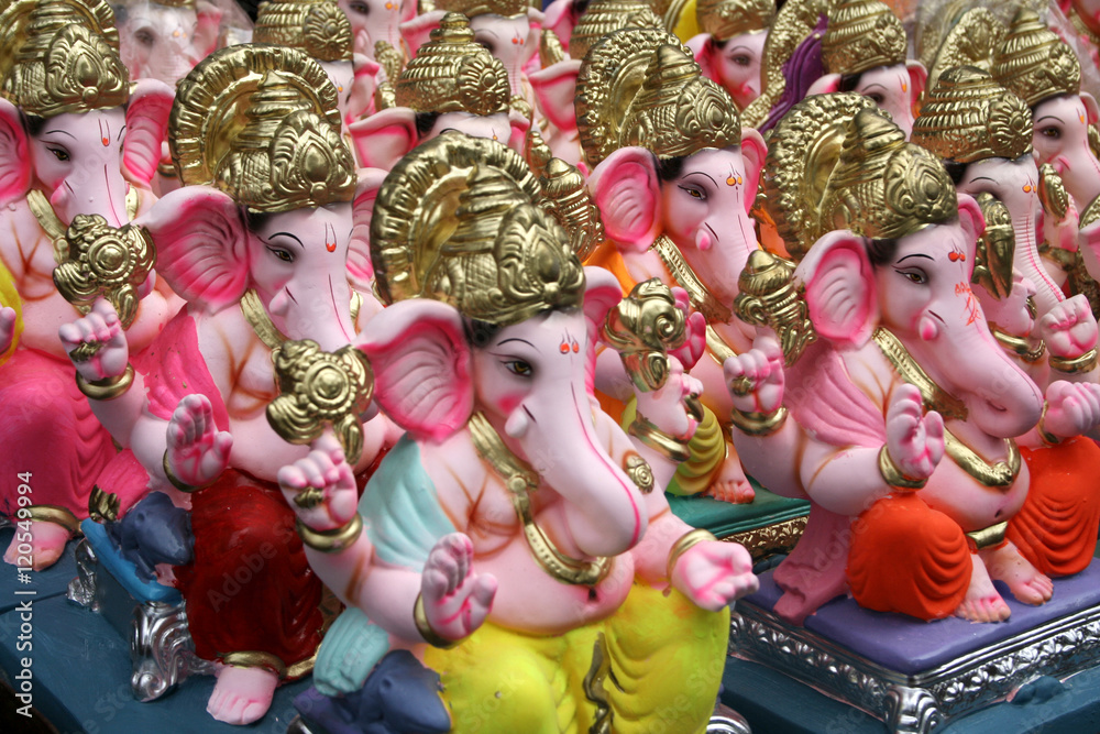 Ganesha Idols for sale  made out of POP material to offer prayers during 10 day long Hindu festival and  immersed in water bodies.