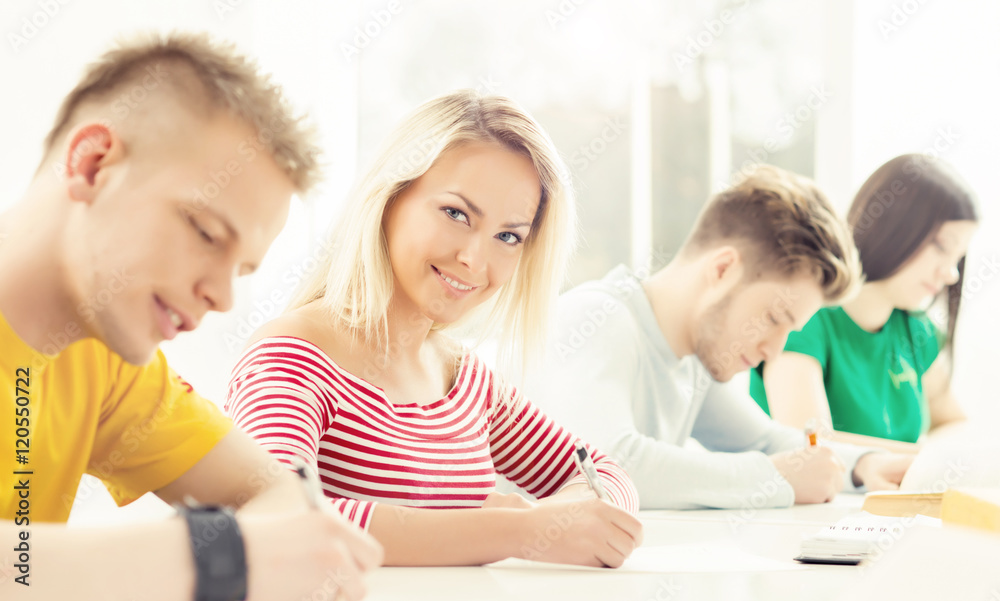 Group of teenage students studying at the lesson Group of teenage students studying at the lesson