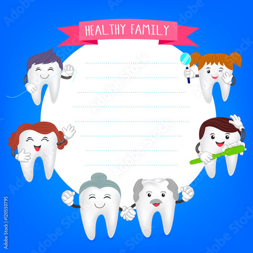 Happy family teeth set.  Dental collection for your design.  Illustration for children dentistry and orthodontics. Healthy family message. Mom, dad, sister and brother tooth.