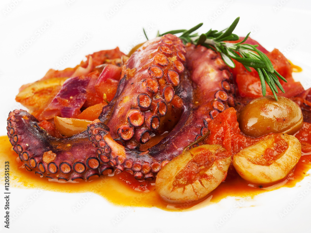 Octopus with tomato sauce and olives, one portion, isolated on w Octopus with tomato sauce and olives, one portion, isolated on w