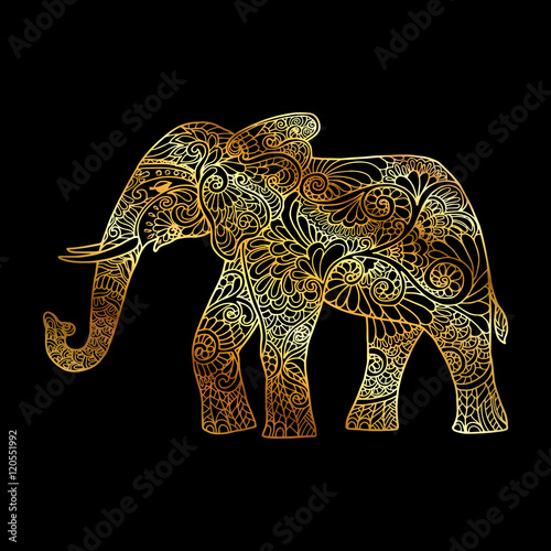 Decorative patterned gold elephant on black background