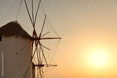Two windmills in front of a blue sky in Mykonos island, Greece a