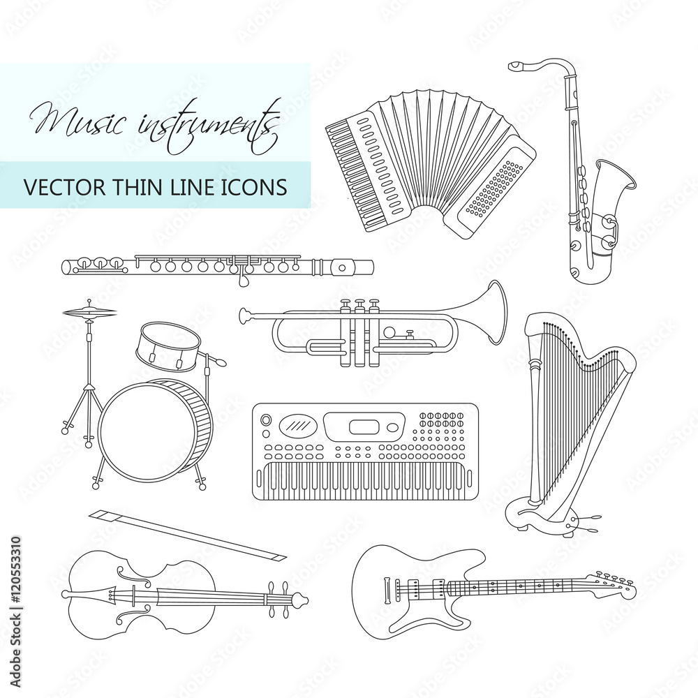 Fototapeta premium Music instruments thin line icon set for web and mobile.