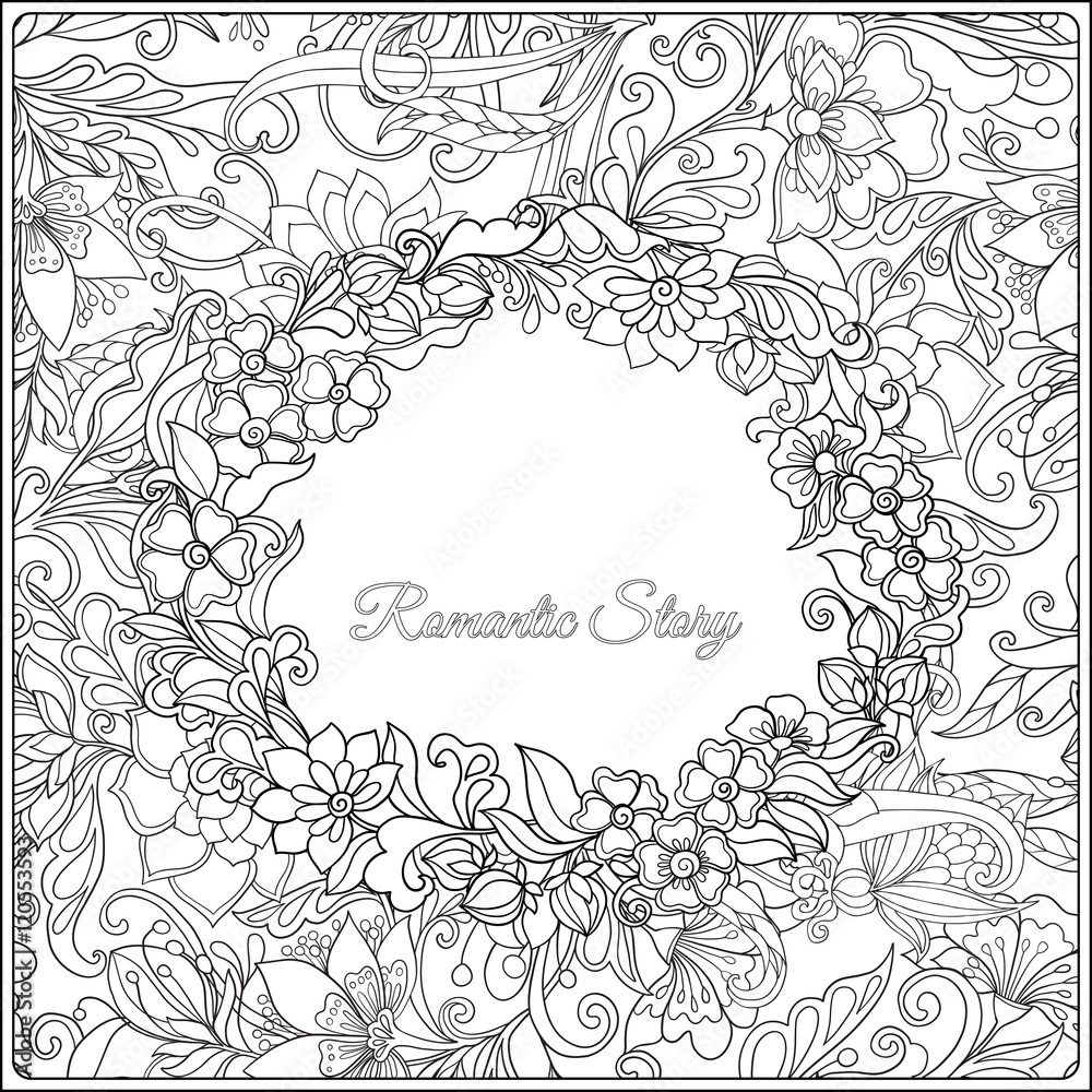 Coloring page for adult. Vintage floral pattern with space for text.