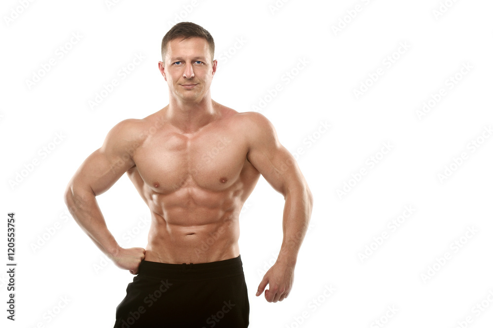 Strong athletic man on white background.