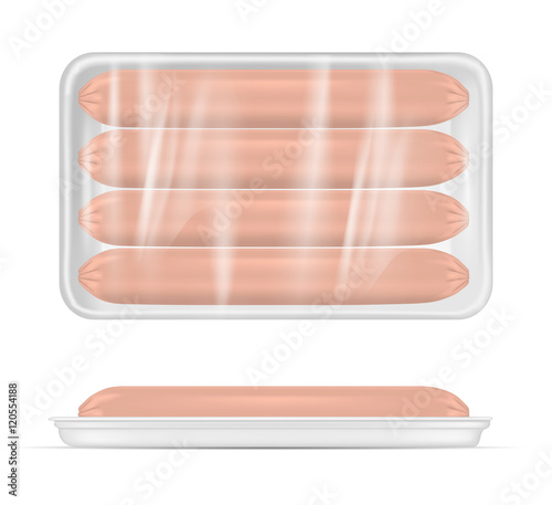 White plastic container for food. Packaging for meat and sausage