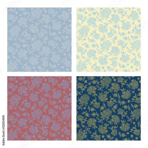 Set of seamless ornaments for monochromatic fabric. Peonies and lilac with leaves.
Drawing for the pastel linen in four color variants.