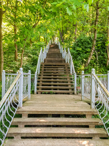 Fototapeta Naklejka Na Ścianę i Meble -  White beautiful staircase leading up in forest