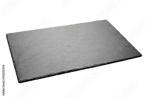 Empty black slate plate isolated on white background.