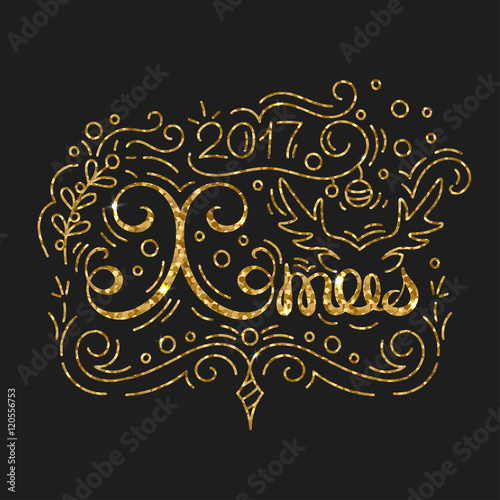 Xmas Christmas Golden Lettering Design. Typographic Greeting