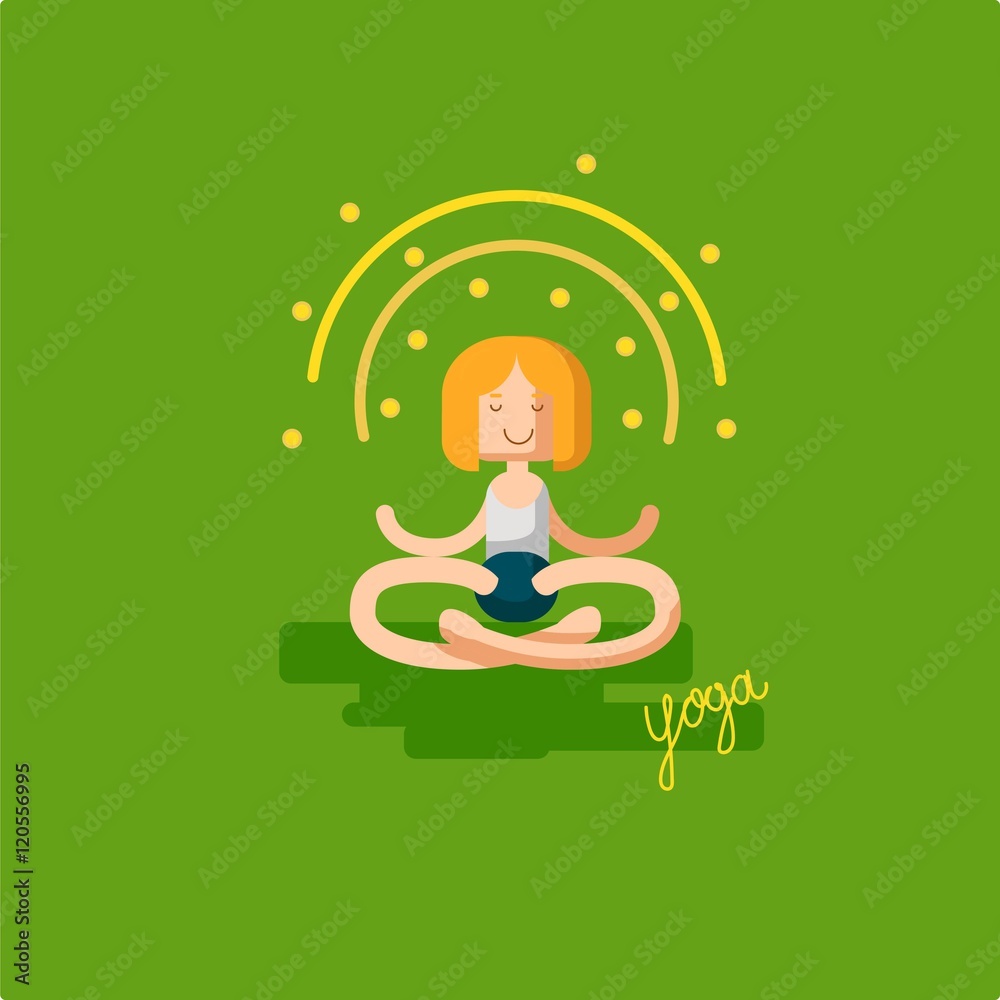 Women fitness flat vector illustration - yoga with hand lettering