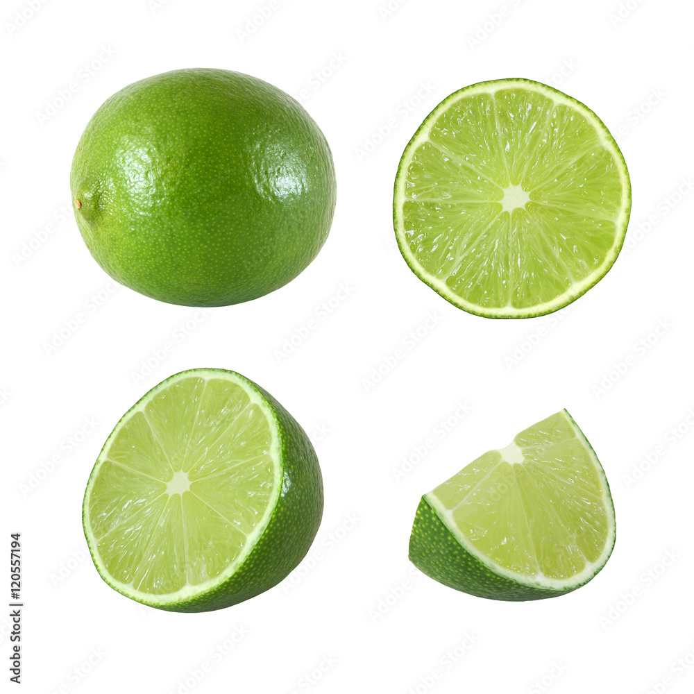 Collection of whole and cut lime fruits isolated on white background with clipping path