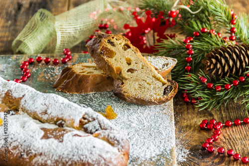 Christmas Traditional homemade stollen with dried fruits and nuts.