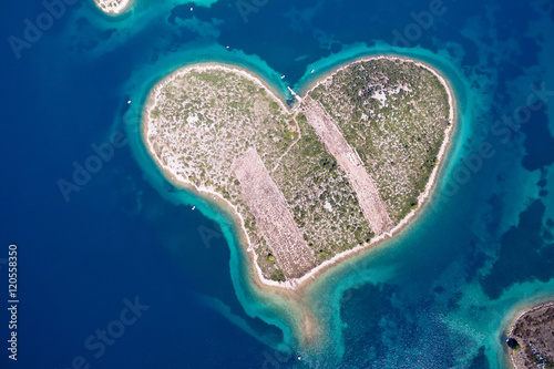 Aerial view of the heart shaped Galesnjak island on the Adriatic coast of Croatia