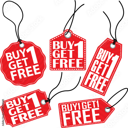 Buy 1 get 1 free red tag set, vector illustration
